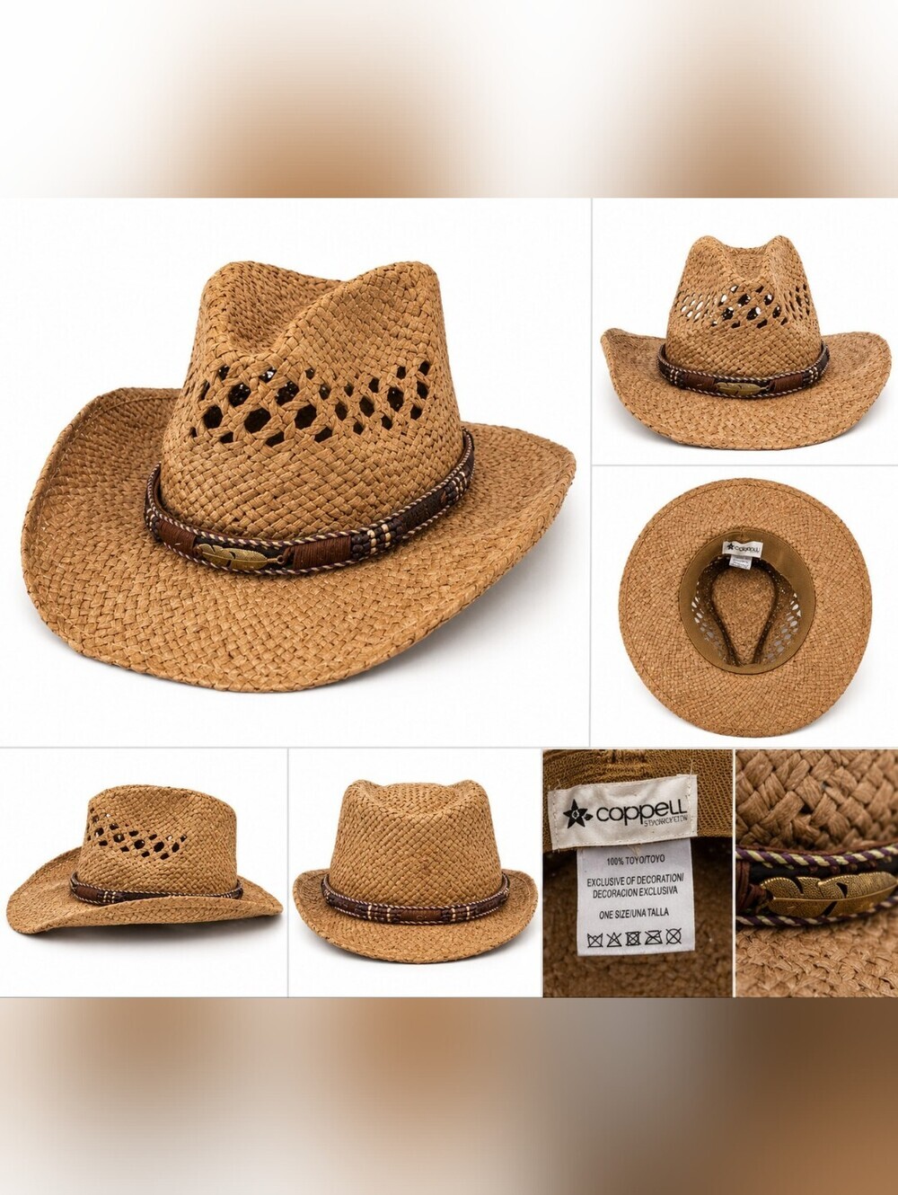 Coppell Straw Cowboy Hat One Size Western Ranch Cowgirl Sun Hat Braided Band Tan